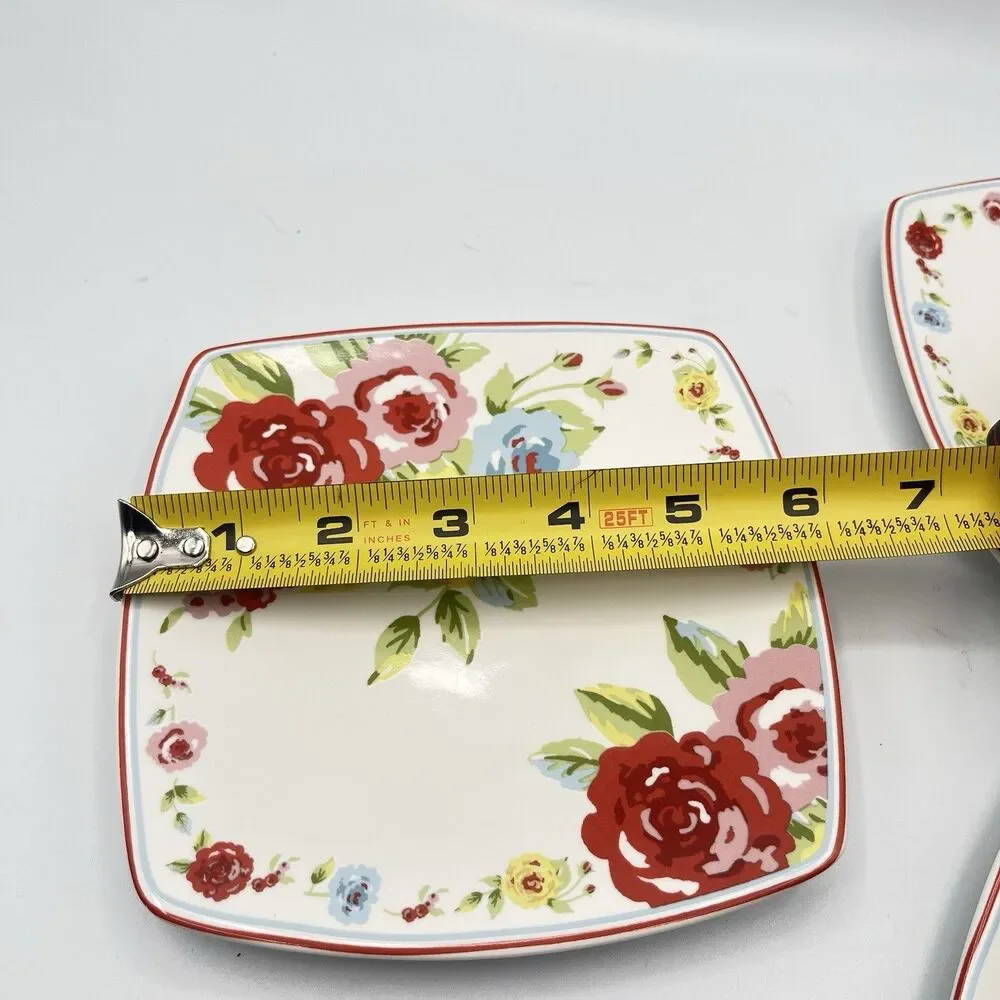 Shabby Chic Roses Small 6” Plates Square Appetizer Set of 3 Country Cottage